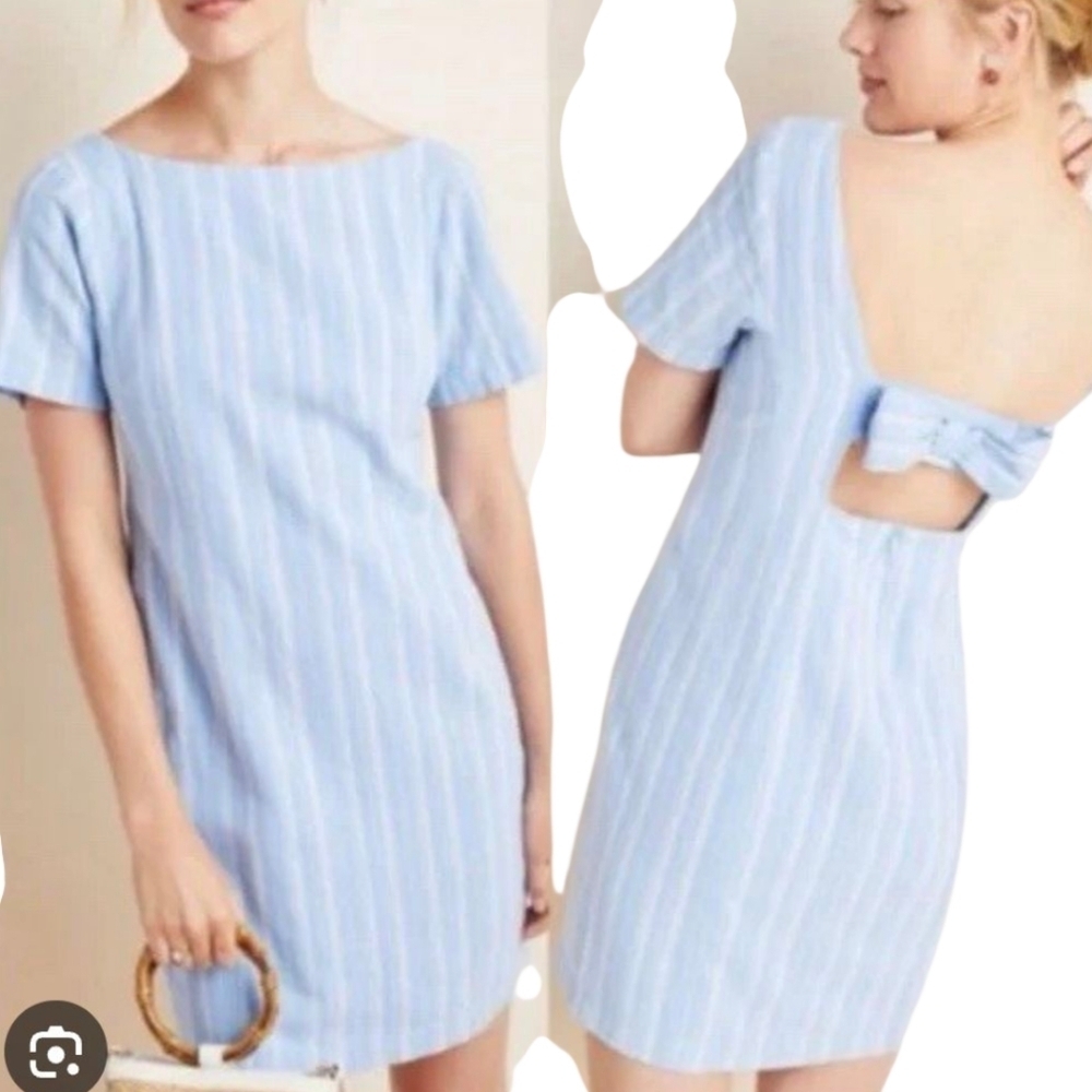 Anthropologie Cape May Mini Dress Linen Blend Striped Bow Back Size 2 Summer